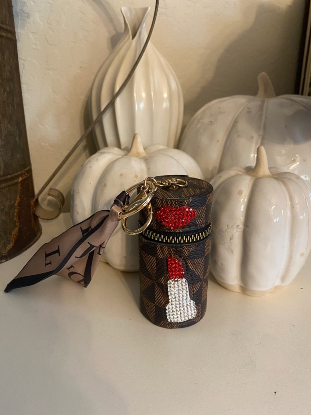 Designer-Inspired Brown Check Lipstick Case Keychain with Crystal Accents